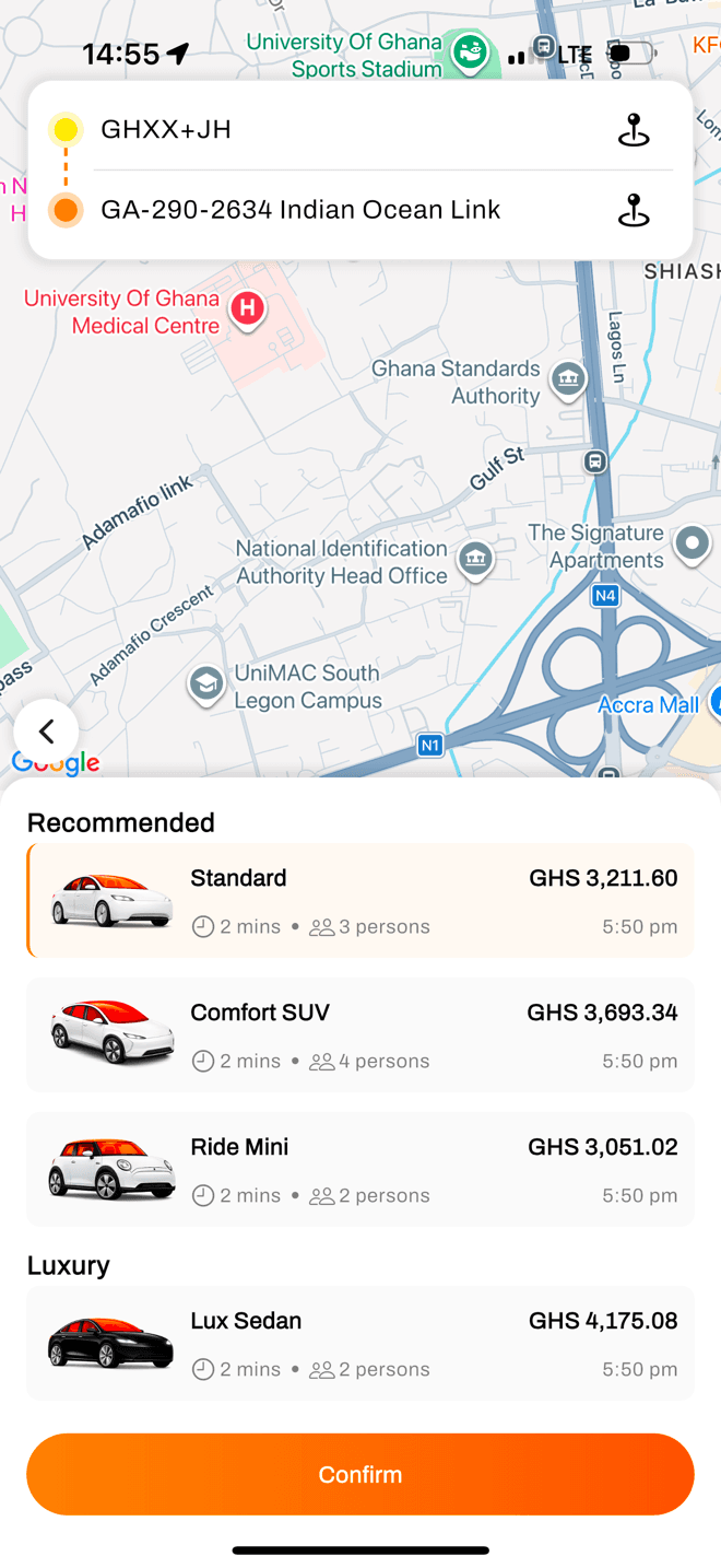 Navio app showing ride options and upfront fare